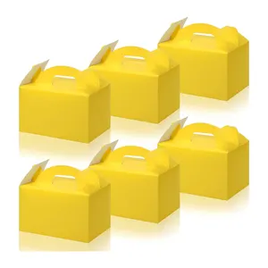 Venta al por mayor vacaciones boda amarillo cartón Material caja de embalaje con asa niños caja de dulces portátil