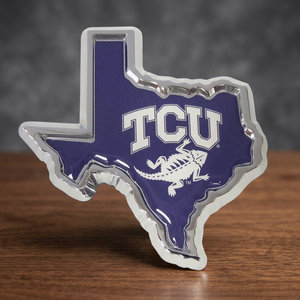 ตราสัญลักษณ์แฟนคลับหรูหราสีม่วงโครเมียมรูปทรง Texas ของ Hanwell TCU สำหรับติดตัวถังรถยนต์ ขนาด 3x3 นิ้ว ผลิตจากวัสดุ ABS แบบติดด้วยตัวเอง - Product Image 3