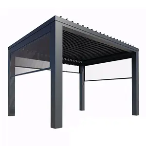 Pergola aluminium luar ruangan 4x6m 6x7 10 persegi, teras dengan tirai dan pintu kaca geser/Gazebo tahan air kayu PVC