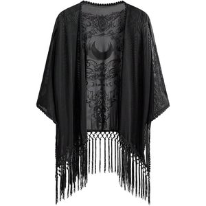 Women's Goth Tassel <b>Kimono</b> Boho Fringe Sheer Mesh Batwing Sleeve Asymmetric Cover Up Swimwear Poncho Cardigan Top - Product Image 1