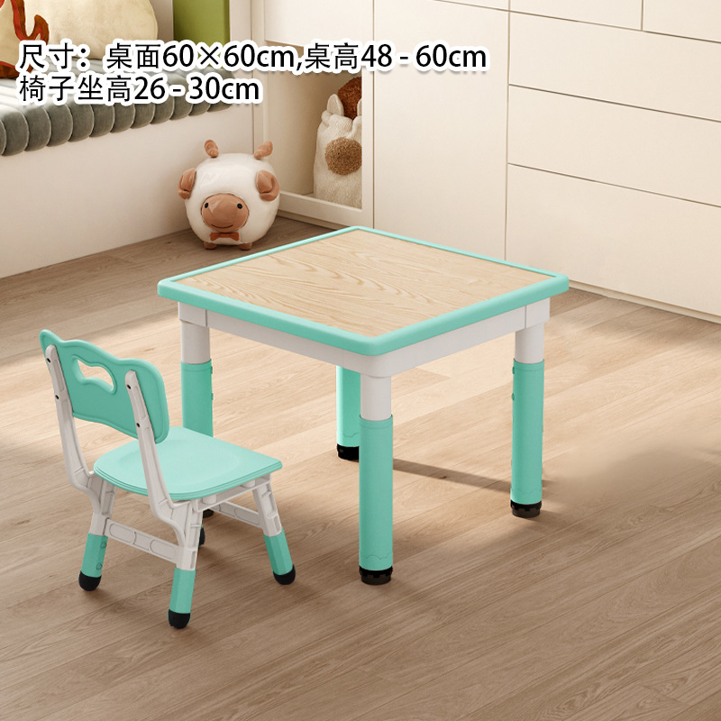 A table and chair in mint green wood grain.
