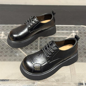 2025 nouveau printemps britannique bout rond à lacets femmes collège chaussures en cuir à semelle épaisse améliorant la hauteur tout match mocassins de trajet - Product Image 5