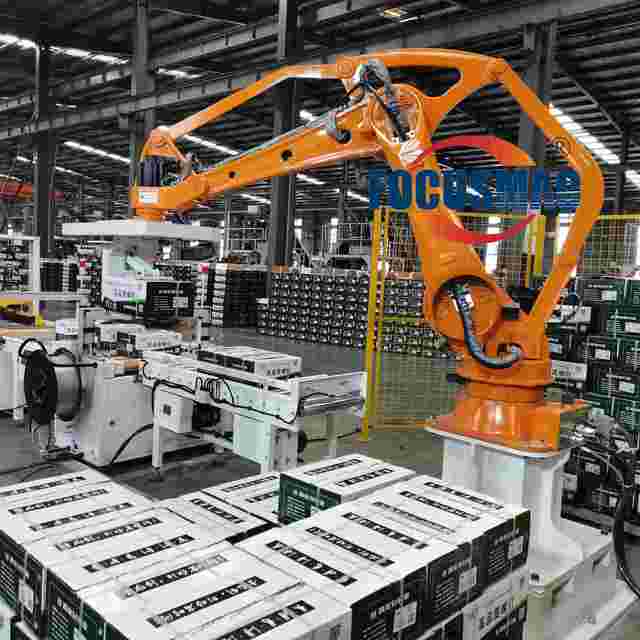 Focus Machinery PLC & Gearbox Automatic Palletizer Robot Stacker with Carton Sealing & Strapping Machine