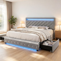 Cadre de lit multifonctionnel à LED réglable avec tiroirs de rangement sous le lit, lit plateforme rembourré en velours doux, design européen pour chambre à coucher