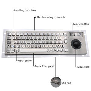 Vandal geçirmez paneli paslanmaz çelik endüstriyel Metal kablolu klavye Trackball - Product Image 3