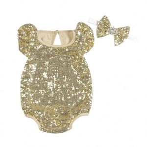 Vêtements pour bébés et tout-petits en coton, couleur unie, paillettes, combinaison pour nouveau-né avec bandeau - Product Image 3