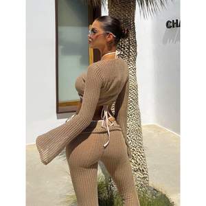 ชุดเซ็ตไหมพรมผู้หญิงแบบ 2 ชิ้น รุ่นคัสตอม 2026 เสื้อครอปแขนยาว กางเกงขาบานผูกเชือก ระบายอากาศได้ดี เหมาะสำหรับใส่พักผ่อน - Product Image 6