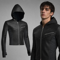 Veste de rue à capuche noire minimaliste en cuir PU pour homme, en cuir végétalien, OEM ODM, vente en gros, logo personnalisé, vêtements d'extérieur