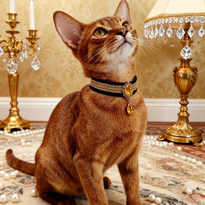Collana per Gatti Abyssiniani in Velluto Nobile con Rubino e Zaffiro, Catena in Bambù, Accessorio Fotografico di Lusso Leggero - Product Image 1