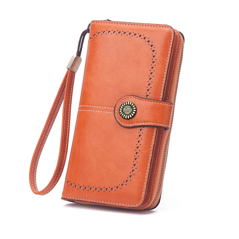 Soft PU Leather Wallet for Women Flower Button Hollow Out Design Big Capacity Long Travel Wallet