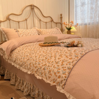 Ensemble de literie 100% coton 4 pièces, housse de couette à imprimé floral avec volants en dentelle, élégant, 200TC, broderie en pur coton