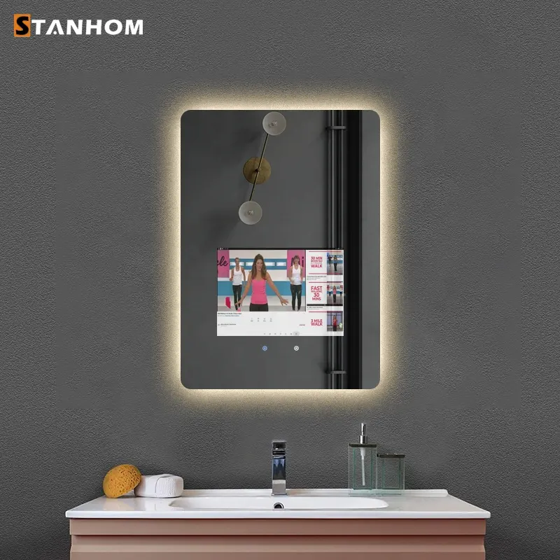 Stantom Gym kamar mandi persegi panjang WIFI Speaker musik LCD pintar LED cermin Backlit
