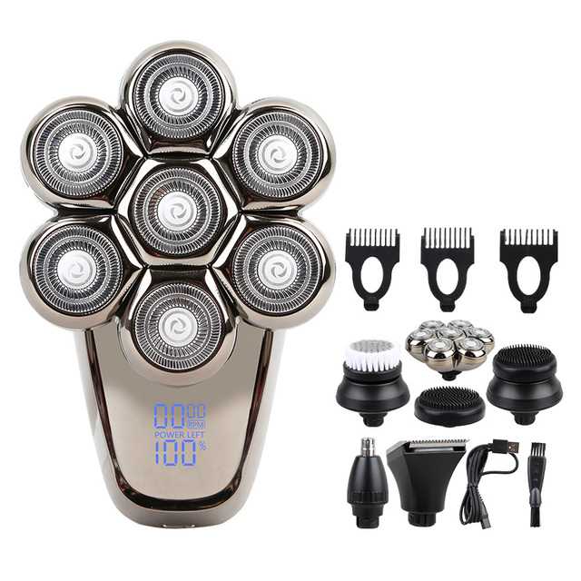Men's 6-in-1 Waterproof Rotary Electric Shaver Set LCD Display for Bald Head Shaving Body Grooming