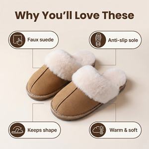 Chaussons fermés légers en faux daim avec bordure en fausse fourrure de lapin, épais et chauds - Product Image 5