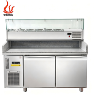 Table de préparation réfrigérée commerciale en acier inoxydable pour salades et pizzas, avec refroidissement direct, vitrine à salades de fruits et plateau en verre