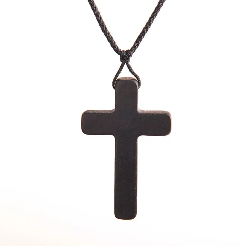 Handmade Crucifix Ebony Pendant Necklace Wooden Braided Rope Personality Accessories Hand-knitted