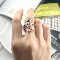 Bijoux en or rose de luxe Bague à trois doigts CZ Zircon Flower Combo Multi Knuckle Ring