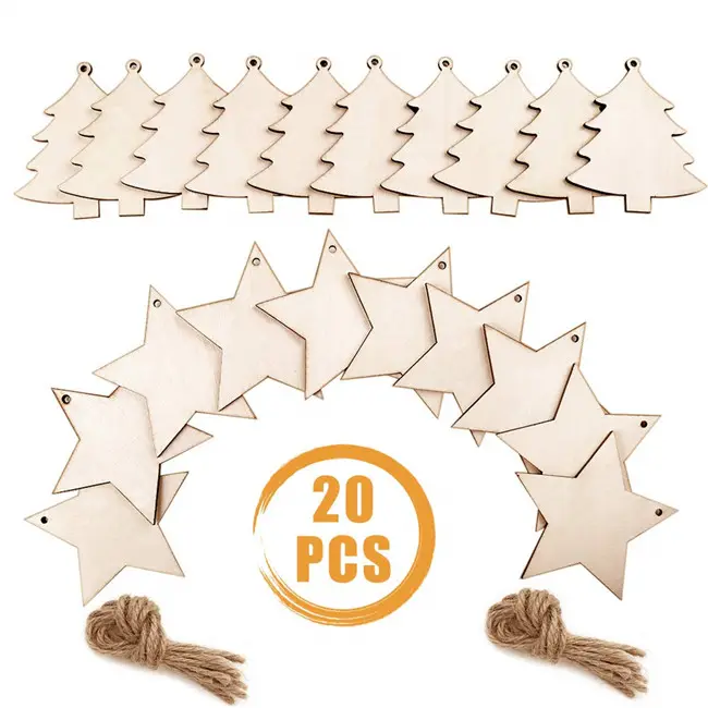 2 Styles DIY Unfinished Wooden Christmas Hanging Ornaments for Christmas Tree Decorations and Wood Craft, Set of 20