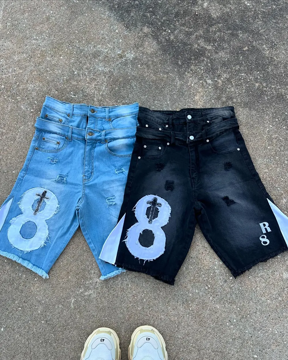 Individuelle große Jeans Shorts Sommer Spleißen Baumwolle Patch Stickerei locker Unisex Bermuda Denim Shorts