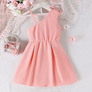 Ropa de verano para niñas, vestido acampanado para niños, correa de lazo, hombro oblicuo, Color sólido, rosa, diseño Sexy, vestido ajustado - Product Image 5