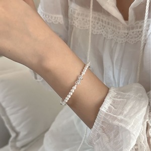 Bracciale in Argento Sterling 925 con Perle e Fiocco per Donne, Semplice e Dolce, Stile Principessa, Braccialetto da Ereditrice <span class=keywords><strong>Chaebol</strong></span> B6213 - Product Image 2