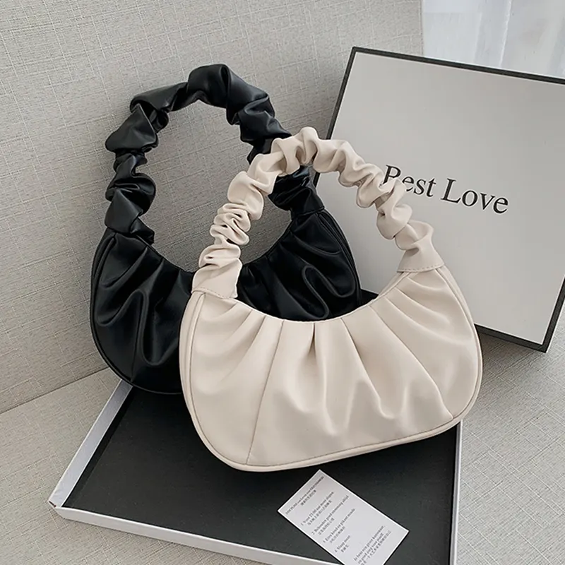 Bolsa plissada feminina de couro artificial, bolsa de mão para lazer, bolsa de ombro, bolsa de luxo para mulheres, verão, 2021