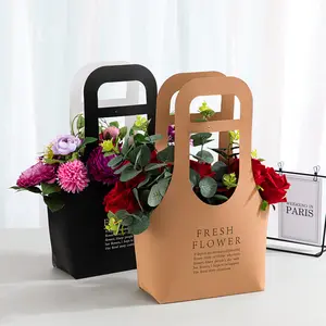 JOYWOOD Waterproof Paper Handy Gift Bag Kraft Handbag Wedding Party Gift Packaging Box With Handles 1Pc Portable Flower Box