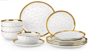 Juego de vajilla de lujo blanco con textura martillada y borde dorado, plato, tazón y platillo para hotel, restaurante, regalo de boda, venta al por mayor - Product Image 5