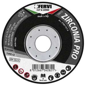 Disque de coupe Fervi Zirconia Pro 115x1,0x22,23 mm pour meuleuse d'angle en acier inoxydable, fabriqué en Italie - Product Image 1