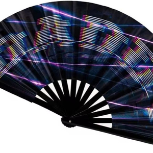 Éventail pliant de 13 pouces réactif aux UV, effet néon, à baleines en bambou, grand format, pour festivals de musique, soirées disco et décoration de danse - Product Image 1
