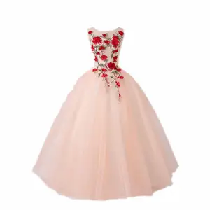 Gaun Pengantin Desain Terbaru Murah, Gaun Pesta Dansa Kain Tule Lengan Penuh Warna Merah Muda