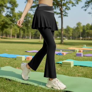 Two-piece High-Waisted <b>Full</b>-<b>Length</b> Yoga Pants Outfit Flared <b>Skirt</b> Combination Elastic Solid Color Spandex/Polyester Quick Dry - Product Image 1