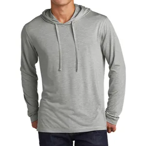 Mens light grey heather 75/13/12 poly/cotton/rayon 3-panel self-fabric hood and drawstrings Tri-Blend Wicking Long Sleeve Hoodie