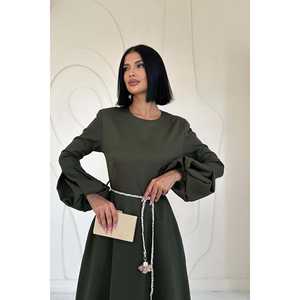 Robe trapèze kaki en tissu tissé, sans col, à manches ballon et ceinture, taille naturelle, style simple et décontracté, pour usage quotidien, vente en gros - Product Image 4