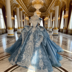 Robe de Quinceañera bleue luxueuse, coupe trapèze, épaules dénudées, avec perles et nœud, robe de mariée Xss05-5 - Product Image 4