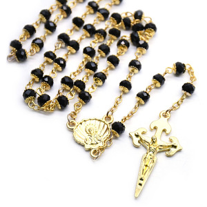 Collier chapelet en or et cristal noir, croix de Santiago, bijoux religieux, cadeau unisexe 4x6mm - Product Image 3