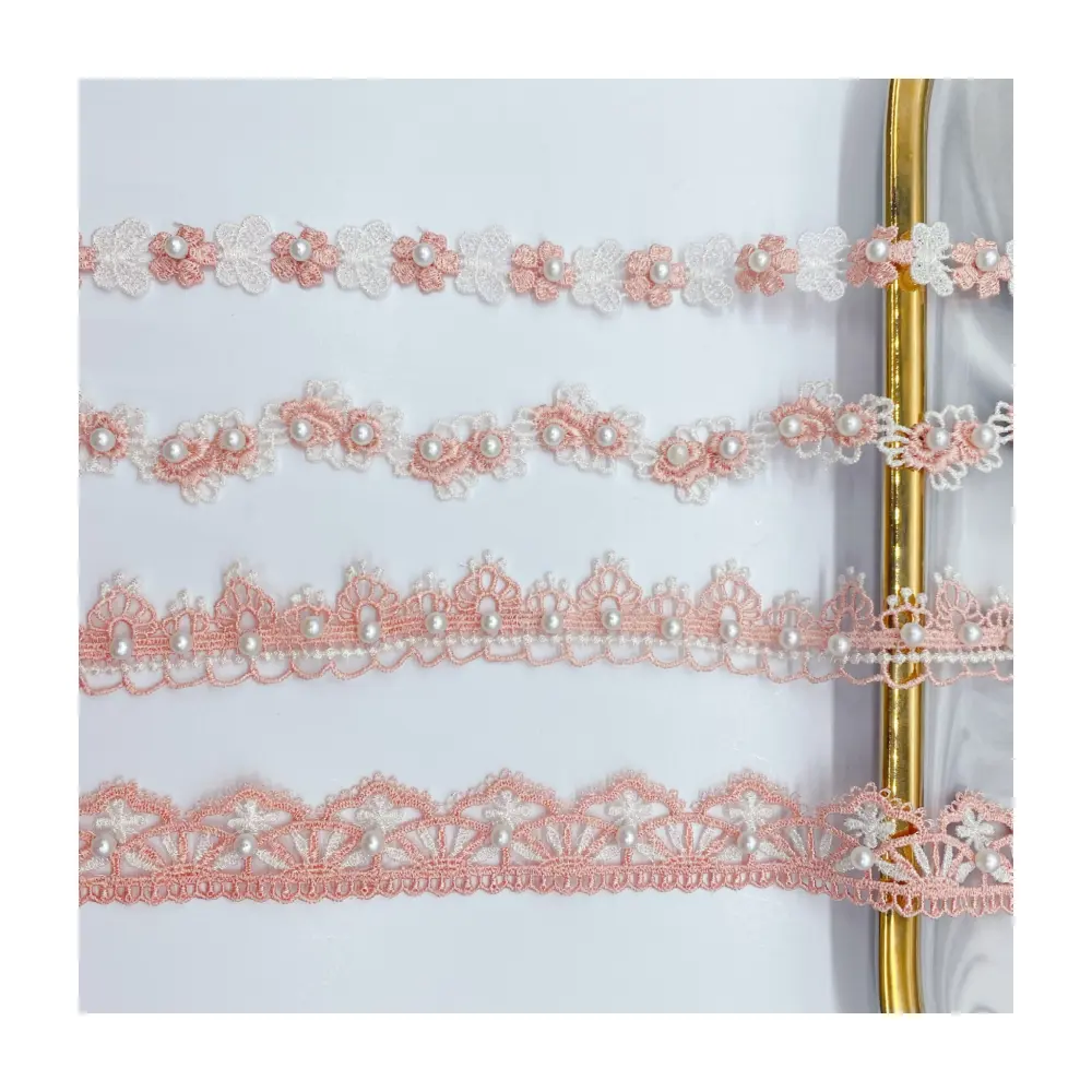 Affninfty cina custom all'ingrosso nastro di pizzo di perle di merceria con strass ricamato in rilievo di rosa abaya rifiniture in pizzo per abbigliamento