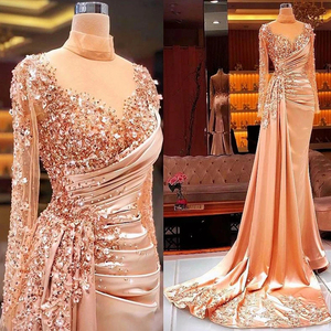 Abiti da sera Luxury glitterati Dubai lucenti sirena con spacco lato manica lunga in Arabia 2024 arancione abito da ballo - Product Image 2