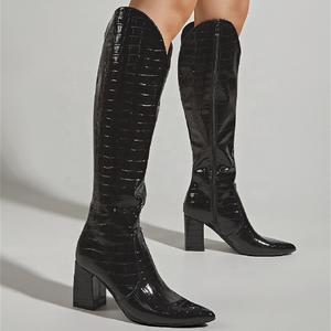 2021 Wholesale <b>Boots</b> for Ladies Pointed Toe Animal Print Upper Side Zip Sexy Knee High <b>Boots</b> Shoes Chunky Heel - Product Image 5