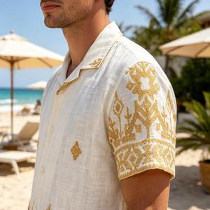 Camisa de lino y algodón con bordado de estampado floral para hombre, camisa informal de manga corta para hombre, camisas de vacaciones en la playa para hombre - Product Image 4