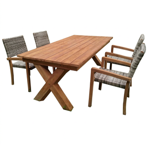 Modern X Leg Wooden <b>Table</b> 4 Rattan Chairs Set Water Resistant Cushions Outdoor Furniture for <b>Garden</b> Hotel Villa Exterior Use - Product Image 1