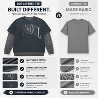 T-shirt à manches longues épais et superposés pour hommes, personnalisé par les fabricants, avec broderie de patchs et lavage à l'acide, col ras du cou gaufré