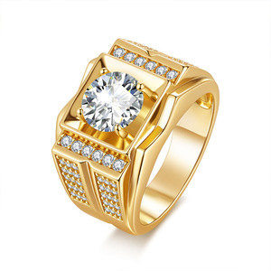 Men's 22K <b>Gold</b> Plated Moissanite <b>Cocktail</b> <b>Ring</b> Round Brilliant Cut Geometric Design Pave Setting Luxury Style - Product Image 1