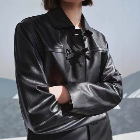0001 2026 New Arrival Women's Turn-down Collar Casual Sheepskin Leather Jacket Splicing Design Loose Fit Short Coat