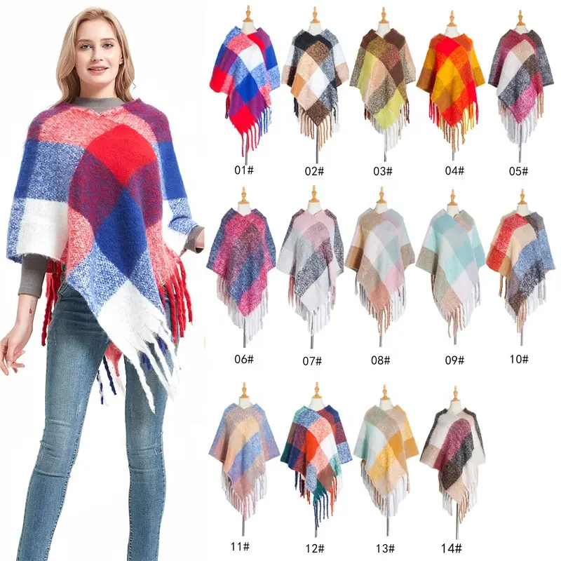 Women's circle yarn twist braid tassel plaid thickened cloak woven scarf shawl