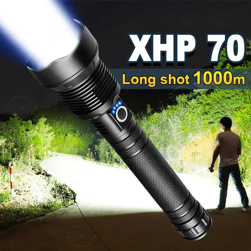 Zoomable High Lumens Personnalisé Ultra Lumineux De Poche Xhp70 Torche Solaire Lumière Led Longue Portée Puissante Lampe De Poche