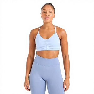 Sujetador deportivo para mujer, azul claro, estilo halter, espalda cruzada, sin aros, transpirable, top corto de ropa deportiva, tejido sin costuras de poliéster y elastano - Product Image 4