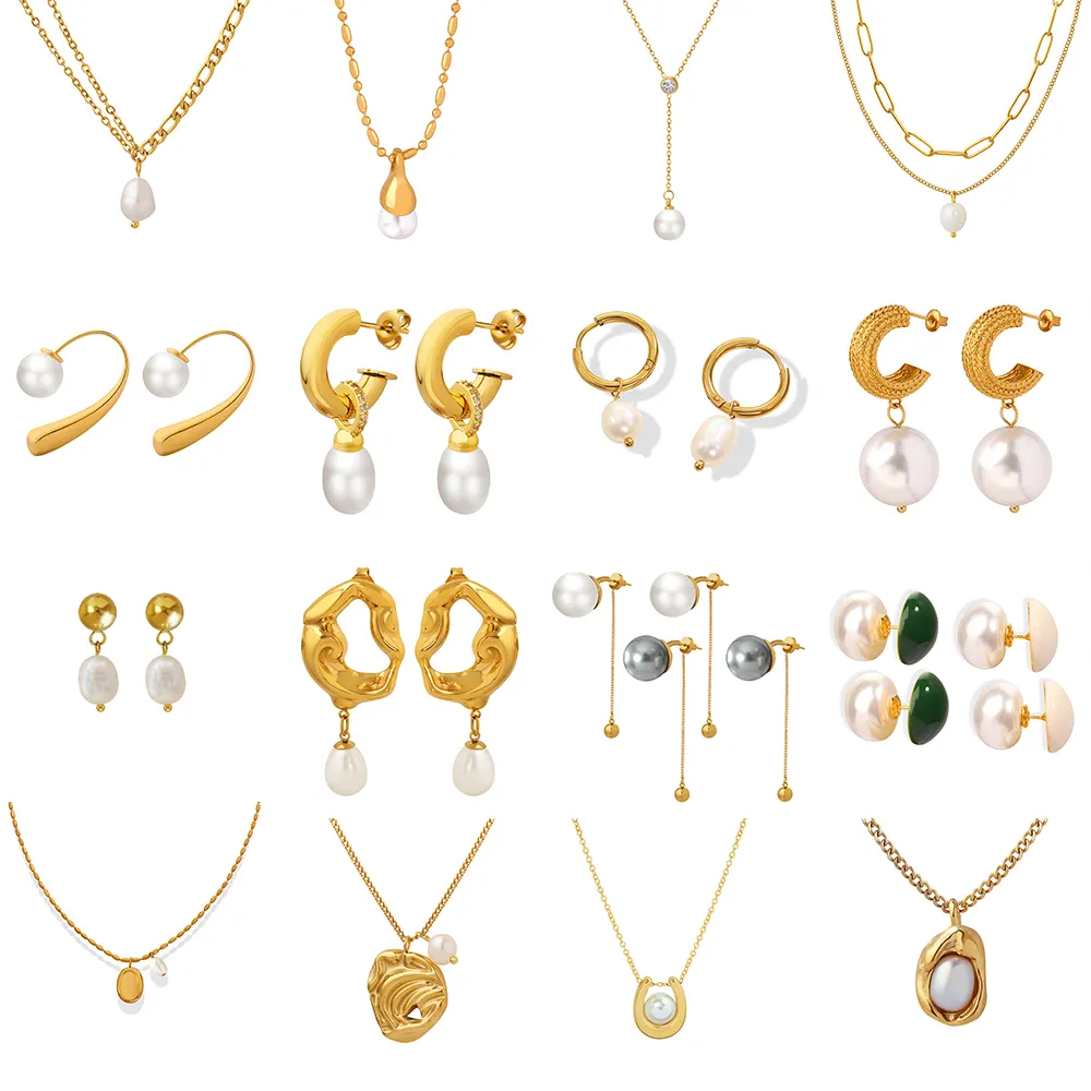 KVC Brass Stud Earrings Eardrop Bracelet Gold Plated Freshwater Pearl Pendant Stainless Steel Necklace Women Fashion Jewelry Set