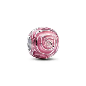 Pink Rose in Bloom Charm S925 perak murni gelang perak manik-manik DIY Aksesori mawar hati berbentuk manik kunci jimat
