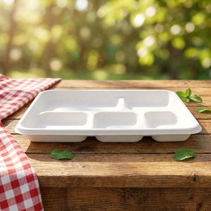 Offre Spéciale – <span class=keywords><strong>Assiette</strong></span> Alimentaire Compostable Jetable en Bagasse, Plateau Compartimenté Blanc Comestible à 5 Grilles pour Vaisselle et Camping - Product Image 6